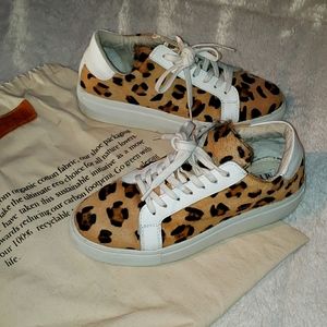 MYRA Leopard & leather animal print hide stacked sneakers, Size 8